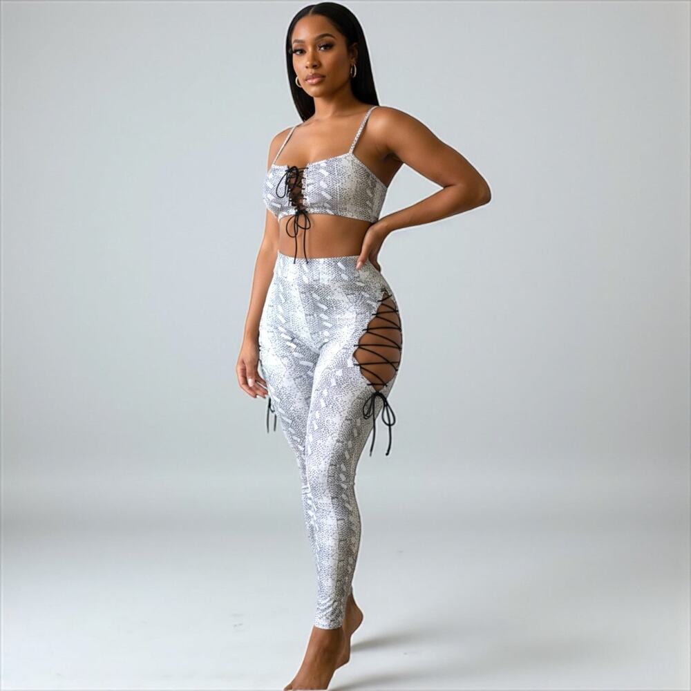 Snake Print Lace-Up Two-Piece Pant Set